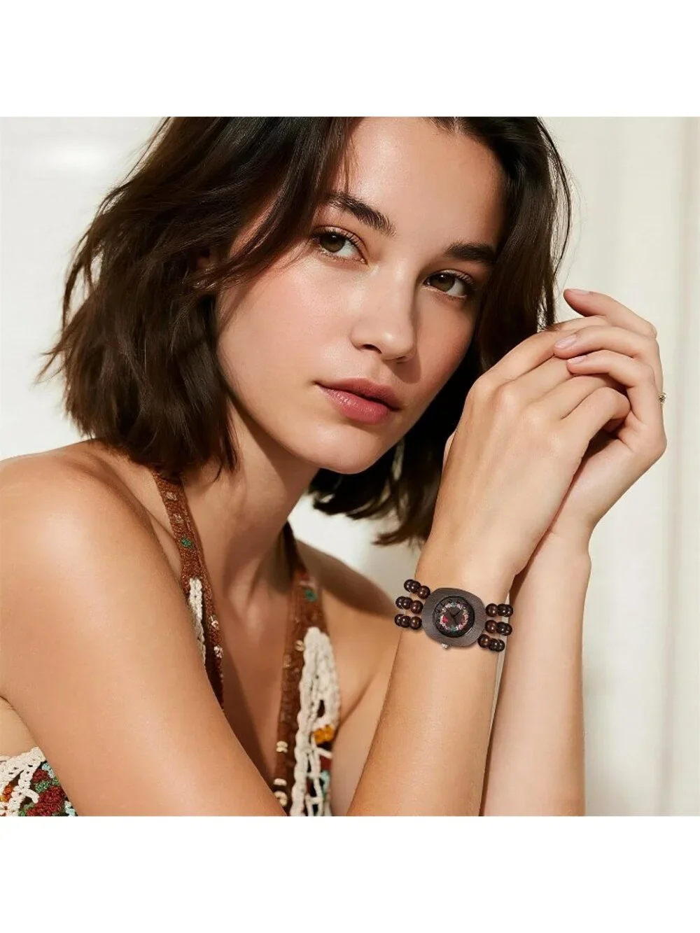 Women's Brown Boho Wood Bead Wreath Dial Floral Quartz Elastic Band Casual Watch